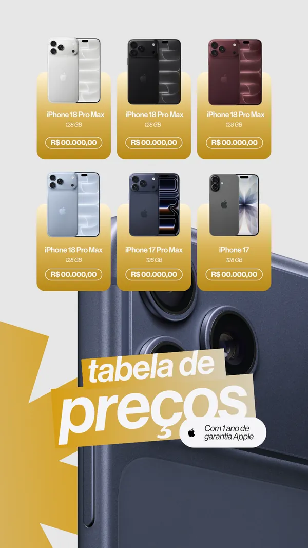 Tabela de preços da linha iPhone 18 Pro Max