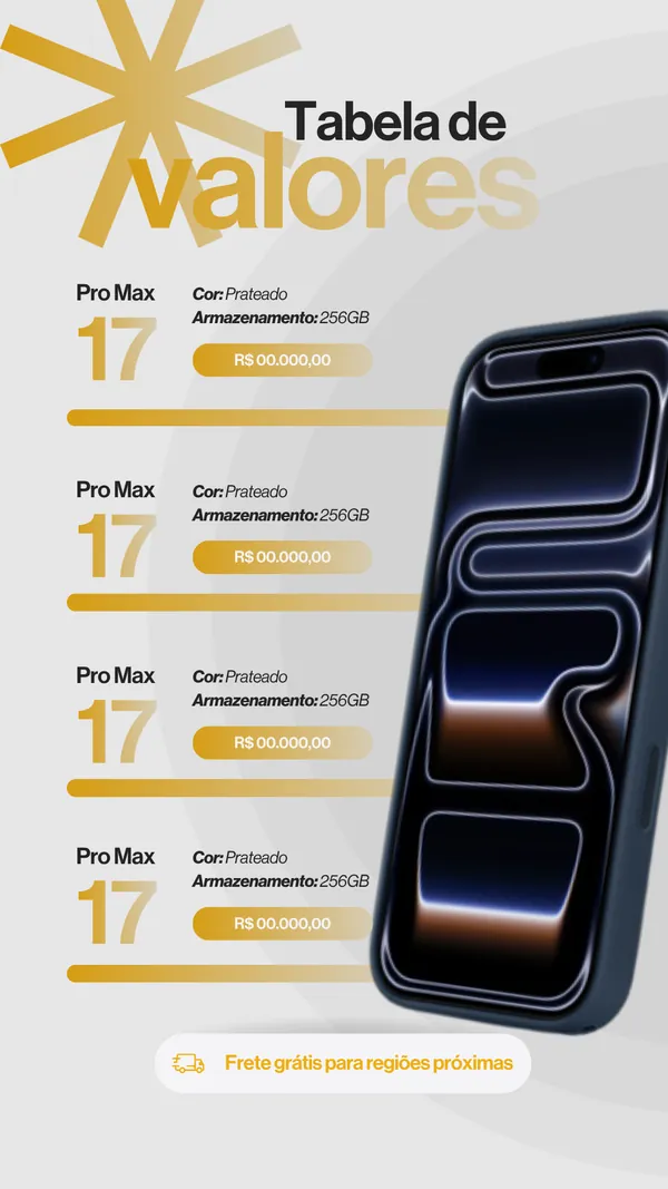Tabela de valores da linha Pro Max