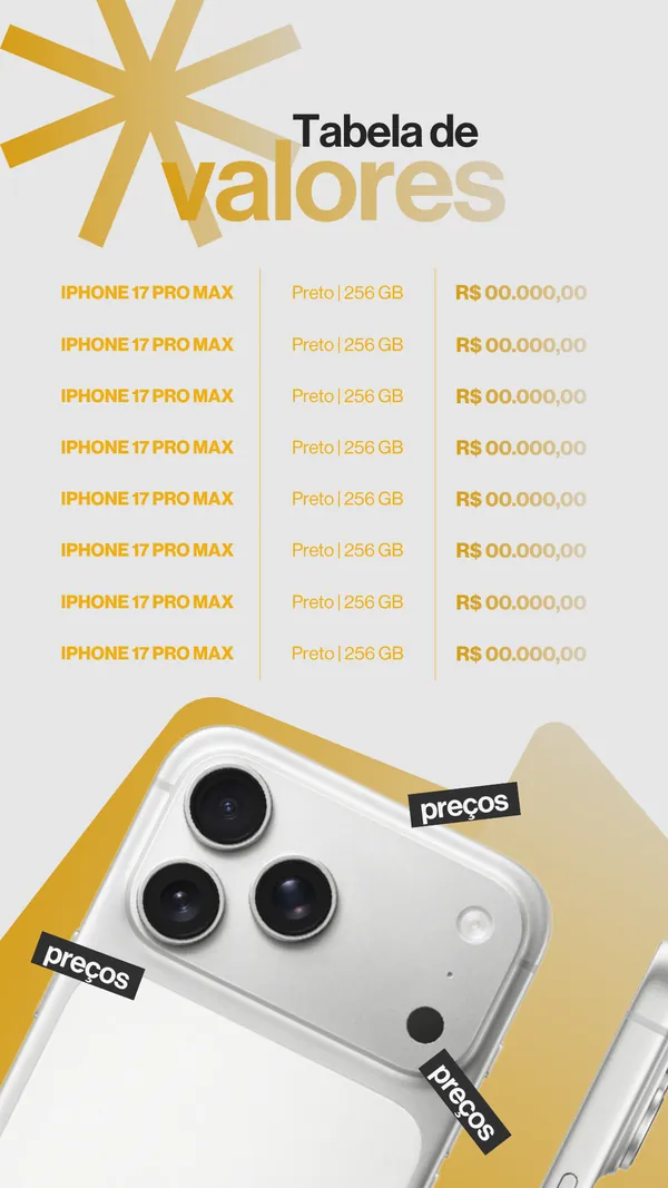 Tabela de valores com iPhone 17 Pro Max