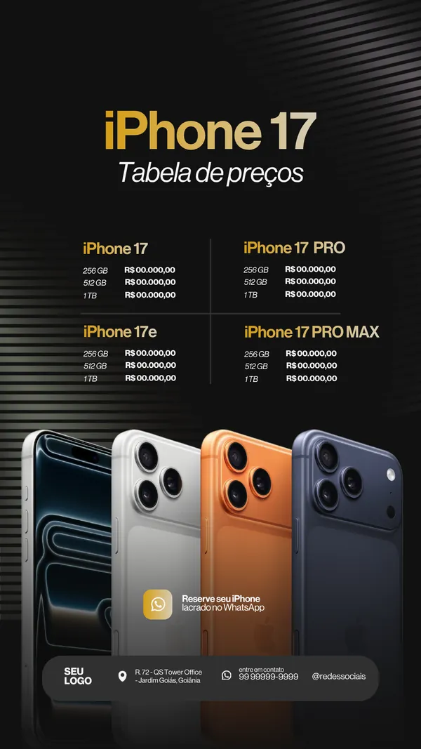 Tabela de preços do iPhone 17 em fundo escuro