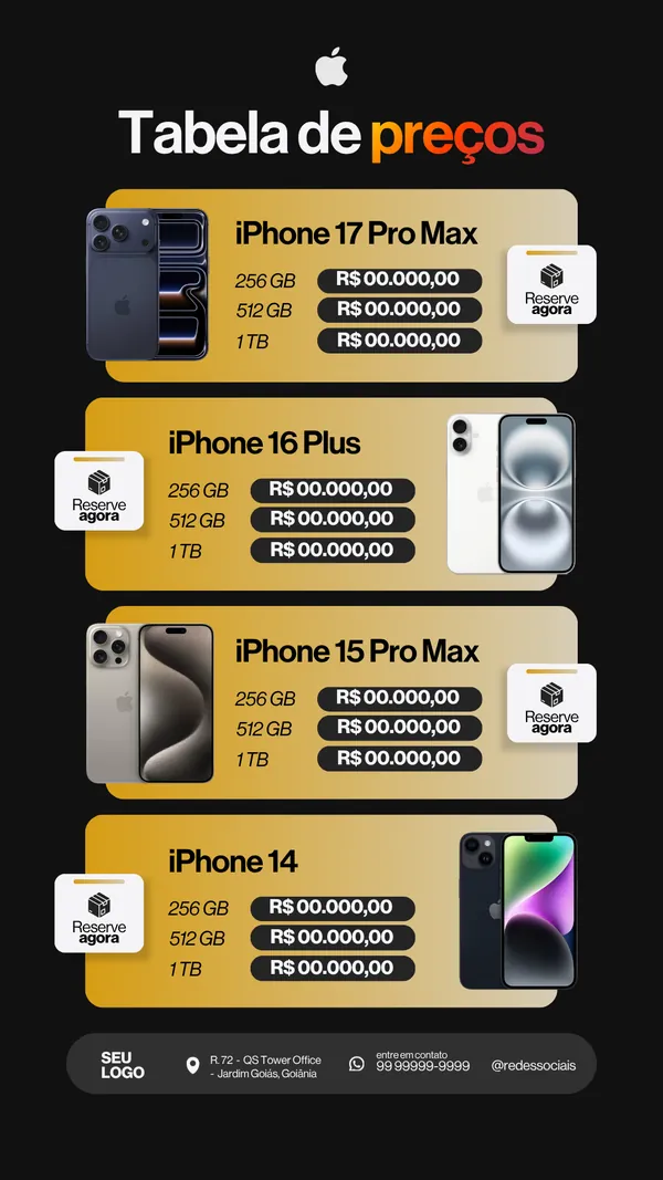 Tabela de preços do iPhone 17 Pro Max